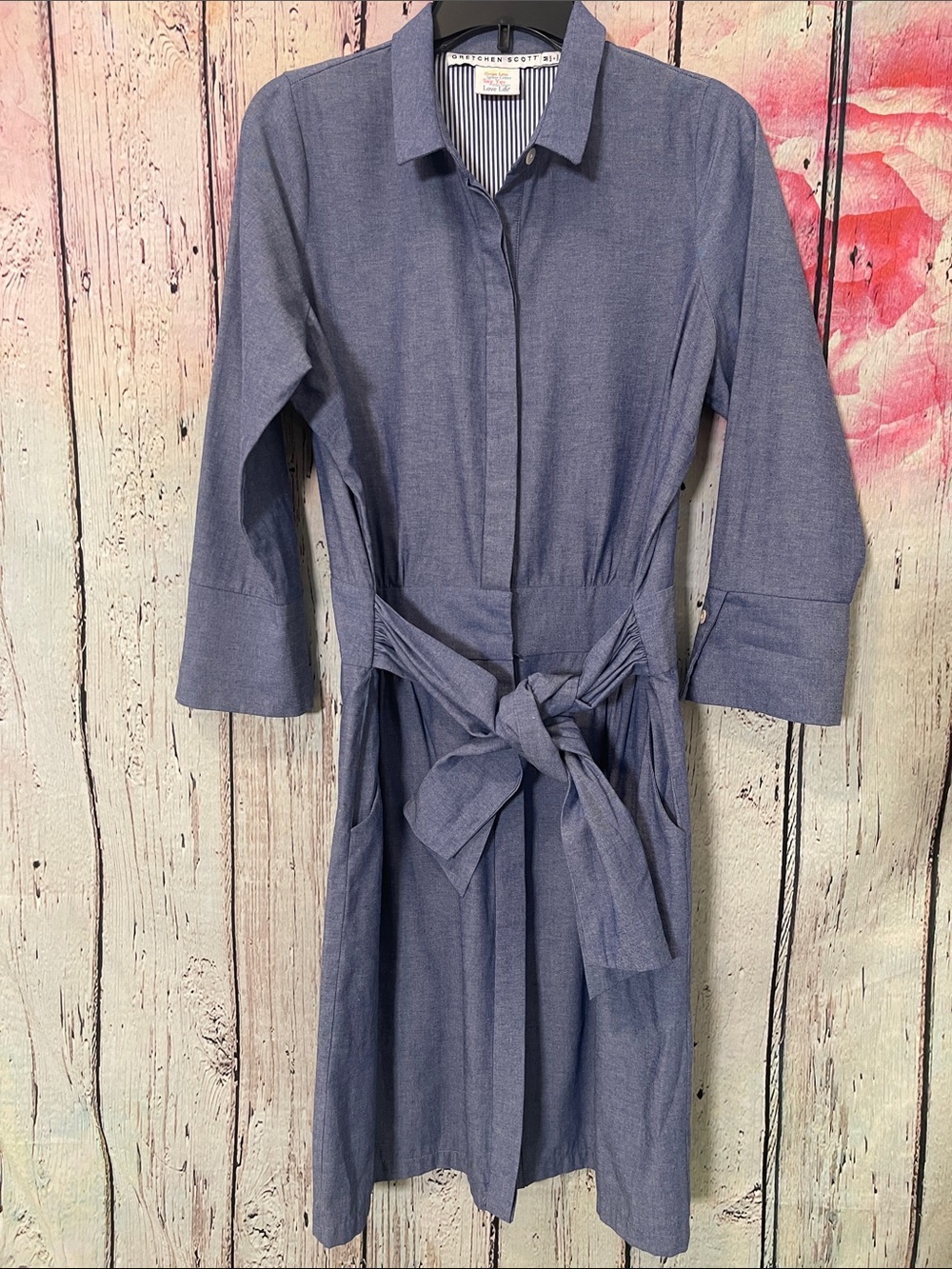 Gretchen Scott Chambray Blue Tie-Waist Midi Shirt Dress